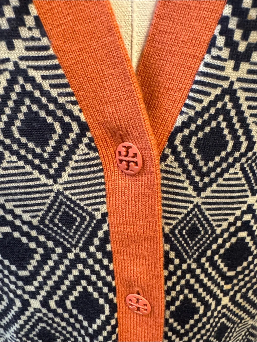 Tory Burch Navy, Cream and Coral Geometric Button Cardigan Size M